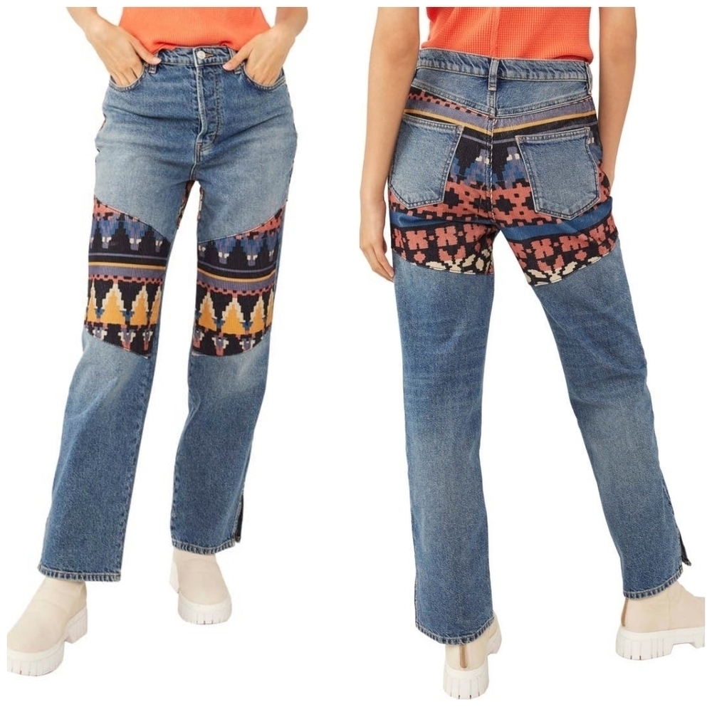 NWOT Free People Patchwork Straight Leg Jeans w/ Split Hem